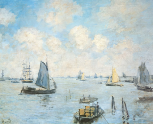 Vintage Claude Monet painting - seascape with boats, European heritage impressionism art