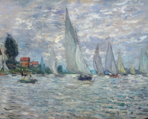Vintage Claude Monet painting - seascape with boats, European heritage impressionism art