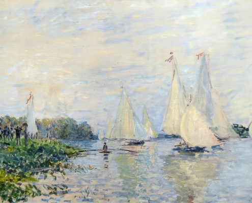 Vintage Claude Monet painting - seascape with boats, European heritage impressionism art,